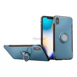   HUSĂ! - Protectie din plastic pentru telefon (cadru din silicon, suport pentru masa, inel pentru suport telefon, placa metalica incorporata, model carbon) ALBASTRU DESCHI Apple iPhone XS Max 6.5