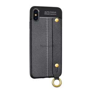 HUSĂ! - Protector de telefon din silicon (rezistenta medie la impact, efect piele, model de cusut, curea de incheietura) NEGRU Apple iPhone XS Max 6.5