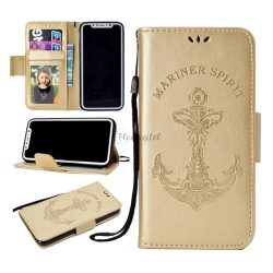   HUSĂ! - Carcasa in picioare, efect piele (FLIP, deschidere laterala, functie suport de masa, balama, model de pisica de fier) ​​GOLD Apple iPhone XS 5.8, Apple iPhone X 5.8