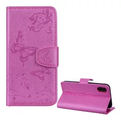   HUSĂ! - Carcasa in picioare, efect piele (FLIP, deschidere laterala, functie suport de masa, oglinda, model fluture) ROZ Apple iPhone XS Max 6.5