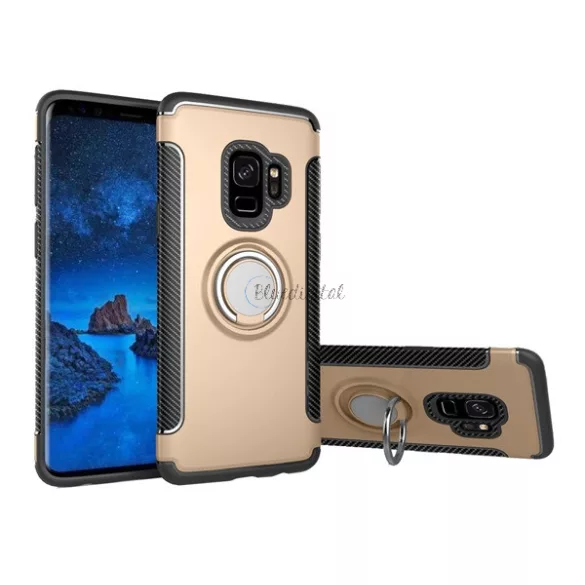 HUSĂ! - Protector din plastic pentru telefon (cadru din silicon, funcție de suport pentru birou, inel pentru suport pentru telefon, placă metalică încorporată, model carbon) AUR Samsung Galaxy S9 (SM-G960)