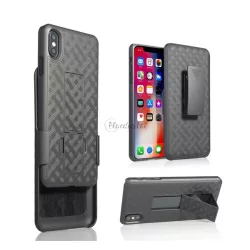   HUSĂ! - Protector de telefon din plastic Defender (rezistență medie la impact, suport de birou, protecție la 360°, clemă pentru curea, model grilă) NEGRU Apple iPhone XS Max 6.5