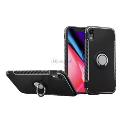   HUSĂ! - Protectie din plastic pentru telefon (cadru din silicon, functie de suport de birou, inel de suport pentru telefon, placa metalica incorporata, model carbon) NEGRU Apple iPhone XR 6.1