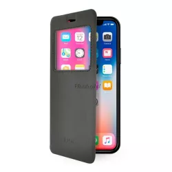   HUSĂ! - Husă 4-OK în picioare, efect piele (FLIP, deschidere laterală, funcție suport pentru masă, afișare număr de telefon, fereastră de vizualizare) NEGRU Apple iPhone XS Max 6.5