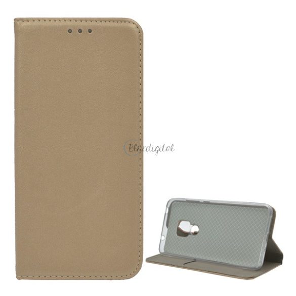 Carcasa in picioare, efect piele (FLIP, deschidere laterala, functie suport de masa) GOLD Huawei Mate 20