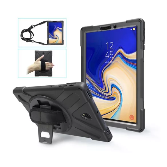Protector de telefon din plastic Defender (rezistenta la impact, suport, 360° + curea de mana, curea de umar) NEGRU Samsung Galaxy Tab S4 10.5 WIFI (SM-T830), Samsung Galaxy Tab S4 10.5 LTE (SM-T835)