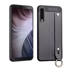   HUSĂ! - Protector de telefon din silicon (rezistenta medie la impact, functie suport de masa, efect piele, model de cusut + curea de mana) NEGRU Samsung Galaxy A7 (2018) SM-A750F