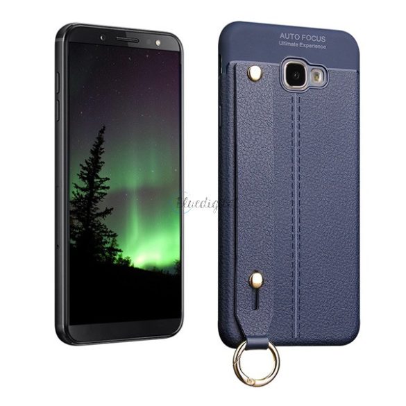 Protectie din silicon pentru telefon (rezistenta medie la impact, functie suport de masa, efect piele, model de cusut + curea de mana) ALBASTRU INCHIS Samsung Galaxy J4 Plus (SM-J415F)
