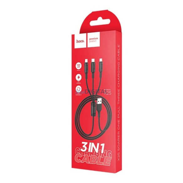 HOCO X25 cablu de încărcare 3in1 (USB - fulger/microUSB/Type-C, 100cm) NEGRU
