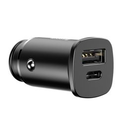   Încărcător auto BASEUS SQUARE USB+priză de tip C (30W, încărcător rapid PD 4.0) NEGRU