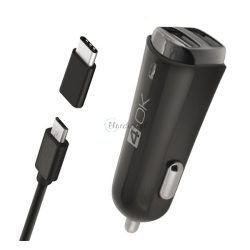  Încărcător auto 4-OK 2 prize USB (17W + adaptor tip C + cablu microUSB) NEGRU