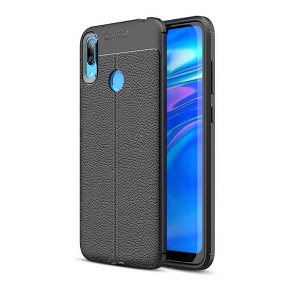 Protectie de telefon din silicon (rezistenta medie la impact, efect piele, model de cusaturi) NEGRU Huawei Y7 2019 (Y7 Prime 2019)