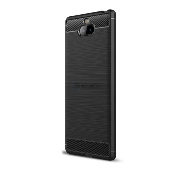 Protector de telefon din silicon (rezistență medie la impact, colț cu pernă de aer, periat, model carbon) NEGRU Sony Xperia 10 plus (L4213)