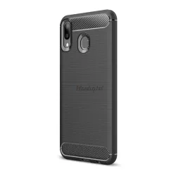   HUSĂ! - Protector de telefon din silicon (rezistență medie la impact, colț cu pernă de aer, periat, model carbon) NEGRU Samsung Galaxy M20 (SM-M205F)