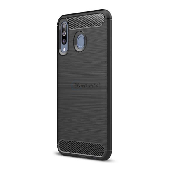 Protector de telefon din silicon (rezistență medie la impact, colț cu perne de aer, periat, model carbon) NEGRU Samsung Galaxy M30 (SM-M305F)