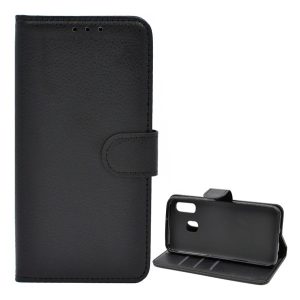 Husă în picioare, efect piele (FLIP, deschidere laterală, suport desktop, premium) NEGRU Samsung Galaxy A20e (SM-A202F)