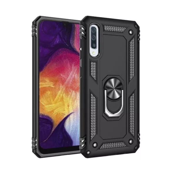 HUSĂ! - Protecție din plastic pentru telefon Defender (rezistență medie la impact, interior din silicon, inel suport telefon, placă metalică încorporată) negru Samsung Galaxy A50 (SM-A505F), Samsung Galaxy A30s (SM-A307F), Samsung G