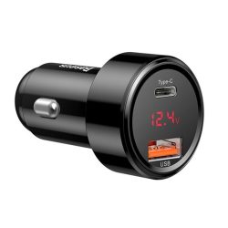  Încărcător auto BASEUS MAGIC USB+Type-C (45W, încărcător rapid PD 4.0, afișaj LED) NEGRU