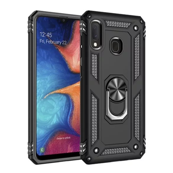 HUSĂ! - Protecție din plastic pentru telefon Defender (rezistentă la impact mediu, interior din silicon, inel suport telefon, placă metalică încorporată) negru Samsung Galaxy A20e (SM-A202F)