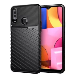   HUSĂ! - Protector de telefon din silicon (rezistent mediu la impact, cu dungi, model convex) NEGRU Samsung Galaxy A20s (SM-A207F)