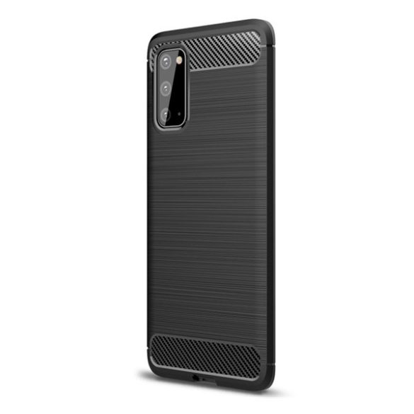 Protector de telefon din silicon (rezistență medie la impact, colț cu perne de aer, periat, model carbon) NEGRU Samsung Galaxy S20 (SM-G980F), Samsung Galaxy S20 5G (SM-G981U)