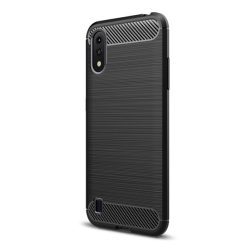   Protector de telefon din silicon (rezistență medie la impact, colț cu pernă de aer, periat, model carbon) NEGRU Samsung Galaxy A01 (SM-A015F)