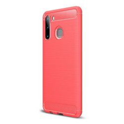   Protector de telefon din silicon (rezistență medie la impact, colț cu pernă de aer, periat, model carbon) ROȘU Samsung Galaxy A21 (SM-A210F)