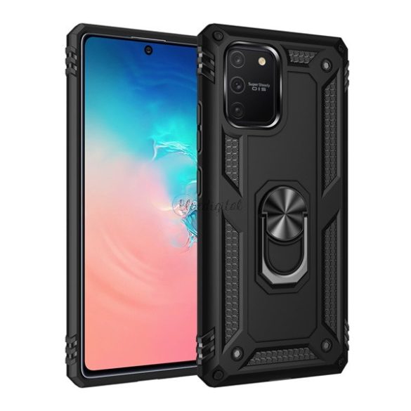 HUSĂ! - Protector de telefon din plastic Defender (rezistență medie la impact, interior din silicon, inel de suport pentru telefon, placă metalică încorporată) NEGRU Samsung Galaxy S10 Lite (SM-G770F)