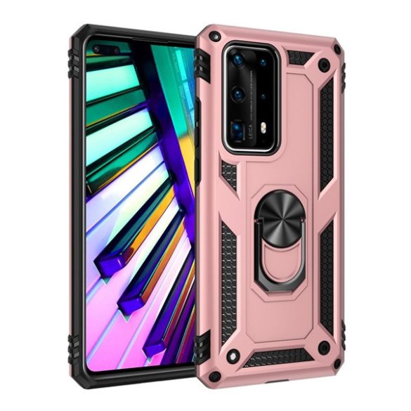 Protector de telefon din plastic Defender (rezistenta la impact mediu, interior din silicon, inel suport telefon, placa metalica incorporata) ROSE GOLD Huawei P40