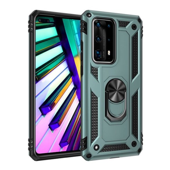 Protector de telefon din plastic Defender (rezistent mediu la impact, interior din silicon, inel suport telefon, placa metalica incorporata) VERDE INCHIS Huawei P40