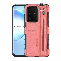   HUSĂ! - Protectie din silicon pentru telefon (rezistenta medie la impact, functie suport de masa, suport card bancar, spate textil + curea de la mana) ROZ Samsung Galaxy S20 Ultra (SM-G988F), Samsung Galaxy S20 Ultra 5G (