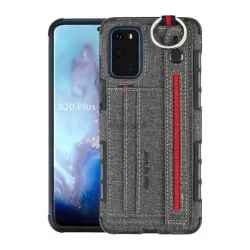   HUSĂ! - Protectie de telefon din silicon (rezistenta medie la impact, functie suport de masa, suport card bancar, spate textil + curea de la mana) GRI Samsung Galaxy S20 (SM-G980F), Samsung Galaxy S20 5G (SM-G981U)
