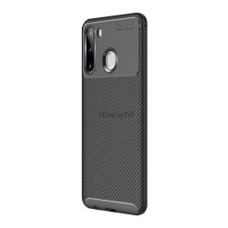   Protectie din silicon pentru telefon (rezistenta medie la impact, colt cu perna de aer, model carbon) NEGRU Samsung Galaxy A21 (SM-A210F)