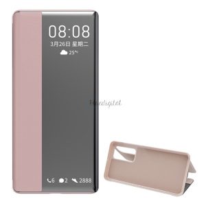 Husă în picioare, efect piele (FLIP, deschidere laterală, funcție suport pentru masă, afișare număr de telefon, fereastră) ROZ Huawei P40