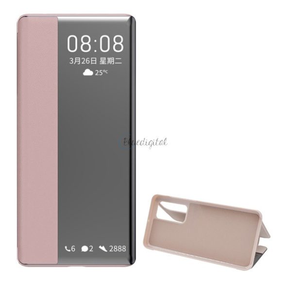 Husă în picioare, efect piele (FLIP, deschidere laterală, funcție suport pentru masă, afișare număr de telefon, fereastră) ROZ Huawei P40
