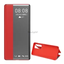   HUSĂ! - Husă în picioare, efect piele (FLIP, deschidere laterală, funcție suport pentru masă, afișare număr de telefon, fereastră) ROȘU Huawei P40