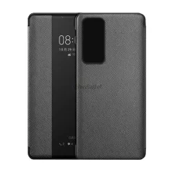   HUSĂ! - Husă în picioare, efect piele (FLIP activ, deschidere laterală, fereastră de vizualizare, model textil) NEGRU Huawei P40