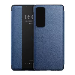   HUSĂ! - Husă în picioare, efect piele (FLIP activ, deschidere laterală, fereastră de vizualizare, model textil) ALBASTRU Huawei P40