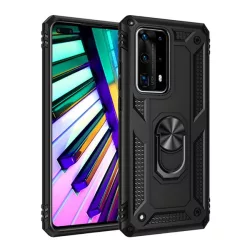   HUSĂ! - Protecție din plastic pentru telefon Defender (rezistentă la impact mediu, interior din silicon, inel suport telefon, placă metalică încorporată) negru Huawei P40 Pro+ 5G