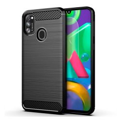   HUSĂ! - Protector de telefon din silicon (rezistență medie la impact, colț cu pernă de aer, periat, model carbon) NEGRU Samsung Galaxy M21 (SM-M215f)