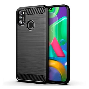 Protector de telefon din silicon (rezistență medie la impact, colț cu pernă de aer, periat, model carbon) NEGRU Samsung Galaxy M21 (SM-M215f)