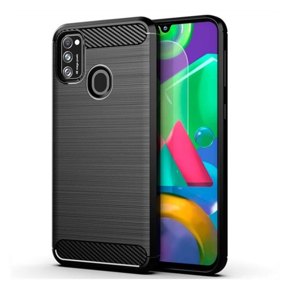 Protector de telefon din silicon (rezistență medie la impact, colț cu pernă de aer, periat, model carbon) NEGRU Samsung Galaxy M21 (SM-M215f)