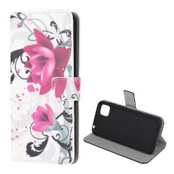   HUSĂ! - Husă stativă cu efect de piele (FLIP, deschidere laterală, suport pentru birou, model floare de lotus) alb  Huawei Y5p, Honor 9S