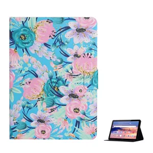 Carcasa in picioare, efect piele (FLIP, deschidere laterala, suport de masa, floare roz) ALBASTRU DESCHI Huawei Mediapad T5 10 LTE, Huawei Mediapad T5 10 WIFI