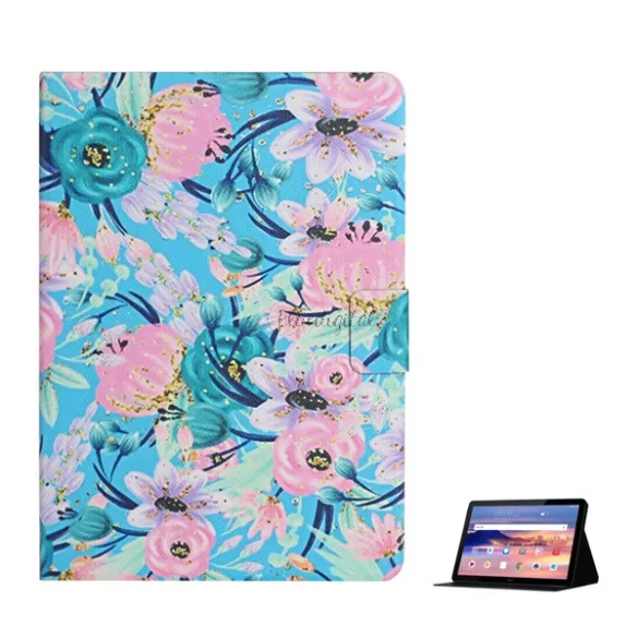 Carcasa in picioare, efect piele (FLIP, deschidere laterala, suport de masa, floare roz) ALBASTRU DESCHI Huawei Mediapad T5 10 LTE, Huawei Mediapad T5 10 WIFI