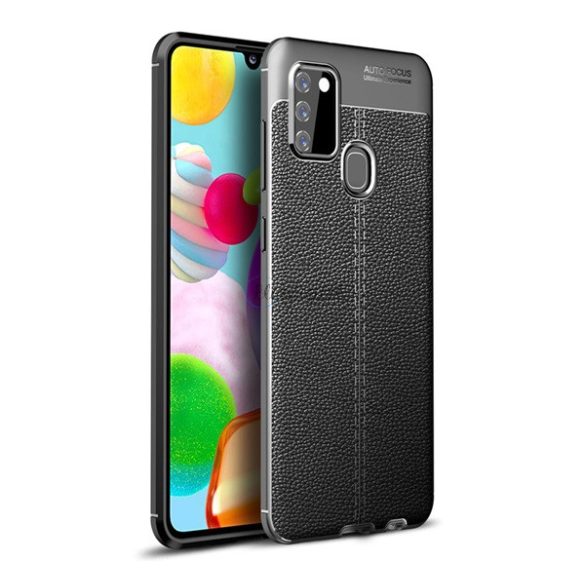 Protectie de telefon din silicon (rezistenta medie la impact, efect piele, model de cusaturi) NEGRU Samsung Galaxy A21s (SM-A217F)