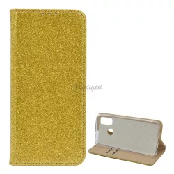   HUSĂ! - Husă în picioare, efect piele (FLIP, interior din silicon, deschidere laterală, funcție suport pentru masă, suport card bancar, strălucitor) GOLD Huawei P Smart (2020)