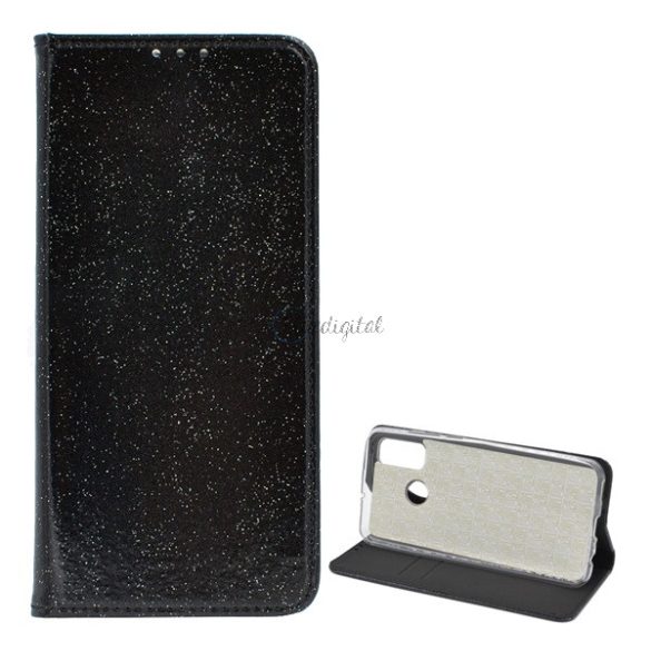 Husa in picioare, efect piele (FLIP, interior din silicon, deschidere laterala, functie suport de masa, suport card bancar, lucios) NEGRU Huawei P Smart (2020)
