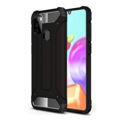   HUSĂ! - Protecție din plastic pentru telefon Defender (rezistență medie la impact, toc cu pernă de aer, interior din silicon, efect metalic) negru Samsung Galaxy A21s (SM-A217F)