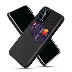   HUSĂ! - Protectie din plastic pentru telefon (rezistenta medie la impact, suport card bancar, invelis textil, spate cu efect piele) NEGRU Huawei P40 Pro 5G